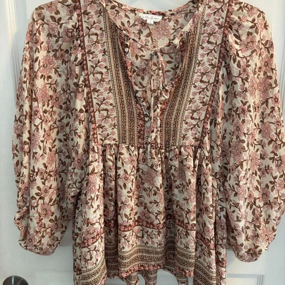By the River brown and pink floral blouse with tie front detail, size M